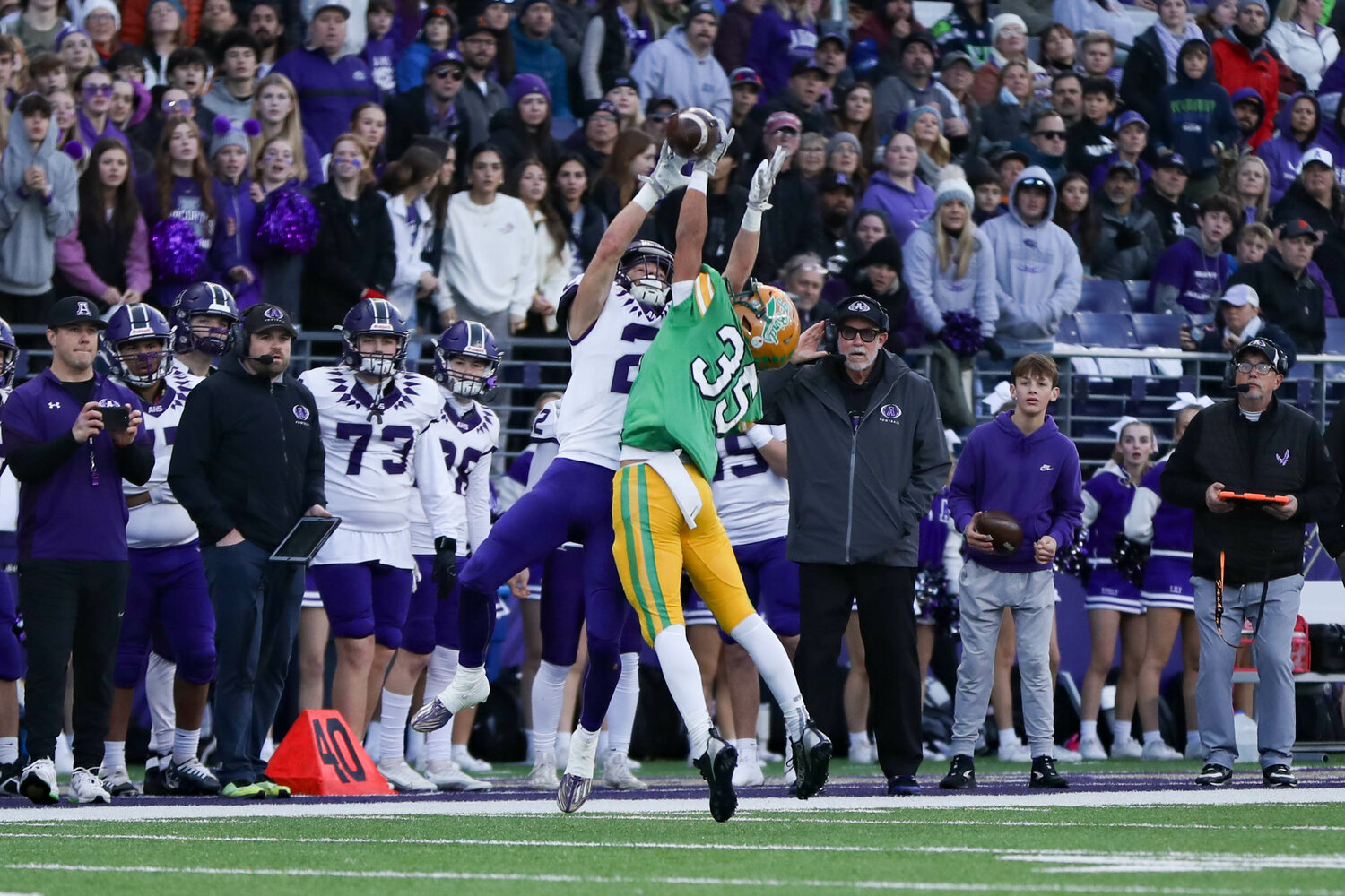 Tumwater's Kooper Clark defends a pass during a 60-30 loss to Anacortes Dec. 2. at Husky Stadium.